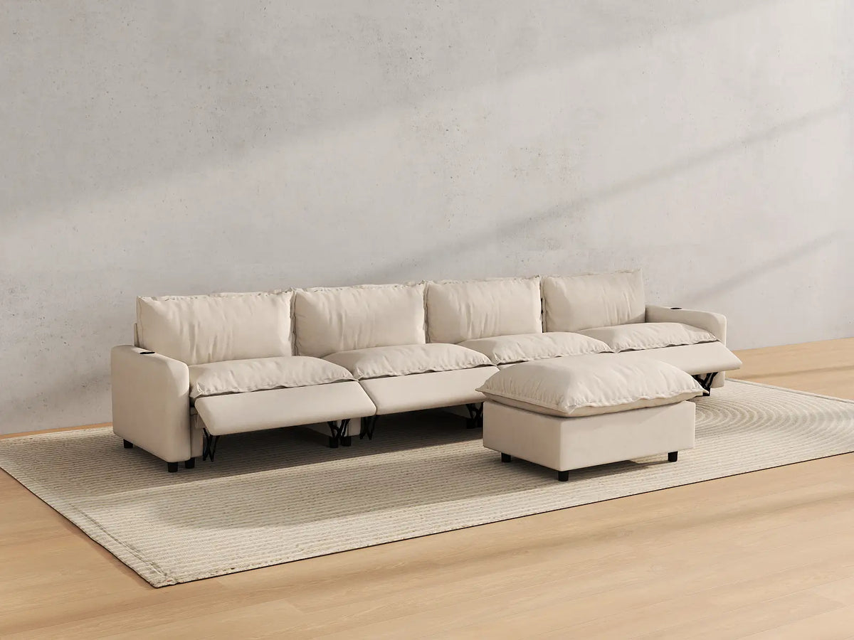 Modular Cero Reclining Sectionals | 5-Piece Beige Linen Home Living L-Shaped Sectionals 4-Seater with 1-Ottoman