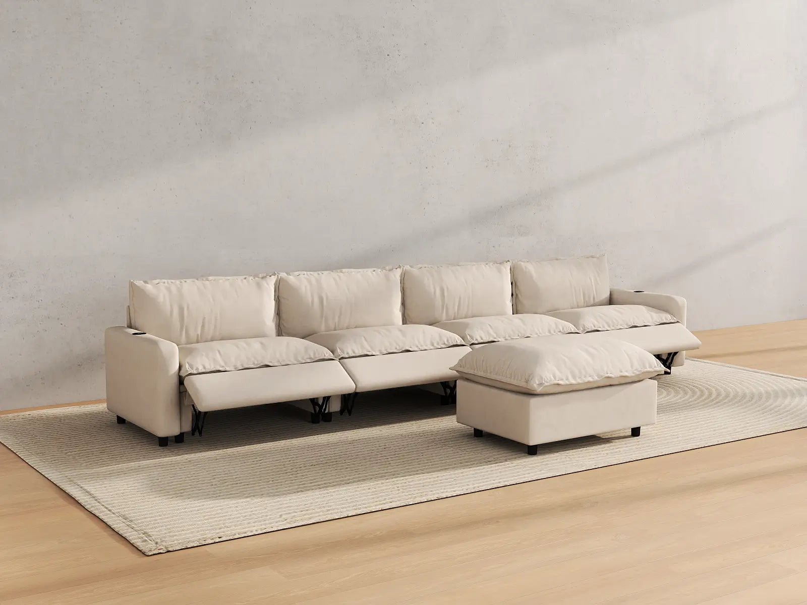Modular Cero Sectional Couch with Chaise and Recliner | 5-Piece Beige Linen Home Living L-Shaped Sectionals 4-Seater with 1-Ottoman