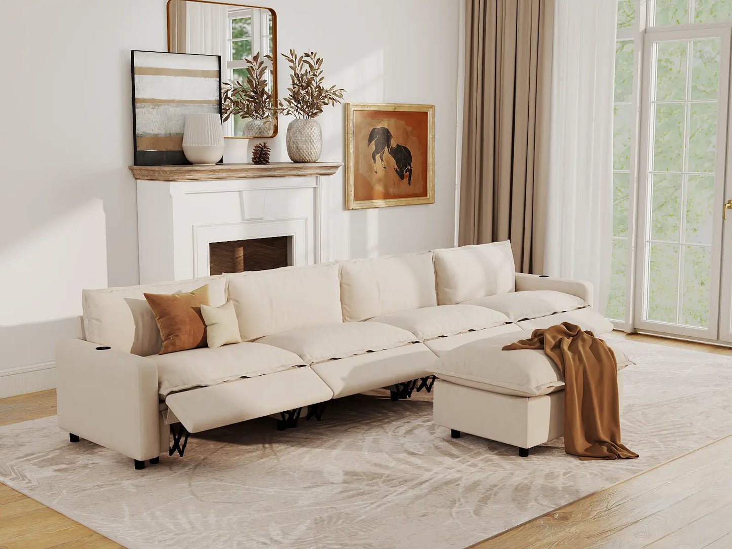 Modular Cero Reclining Sectionals | 5-Piece Beige Linen Home Living L-Shaped Sectionals 4-Seater with 1-Ottoman