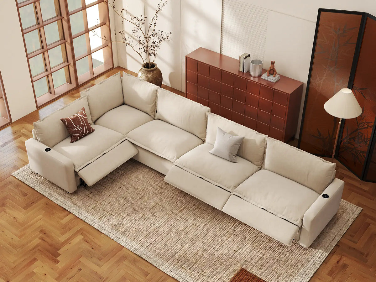 Modular Cero Reclining Sectionals | 5-Piece Beige Linen Home Living L-Shaped Sectionals 5-Seater