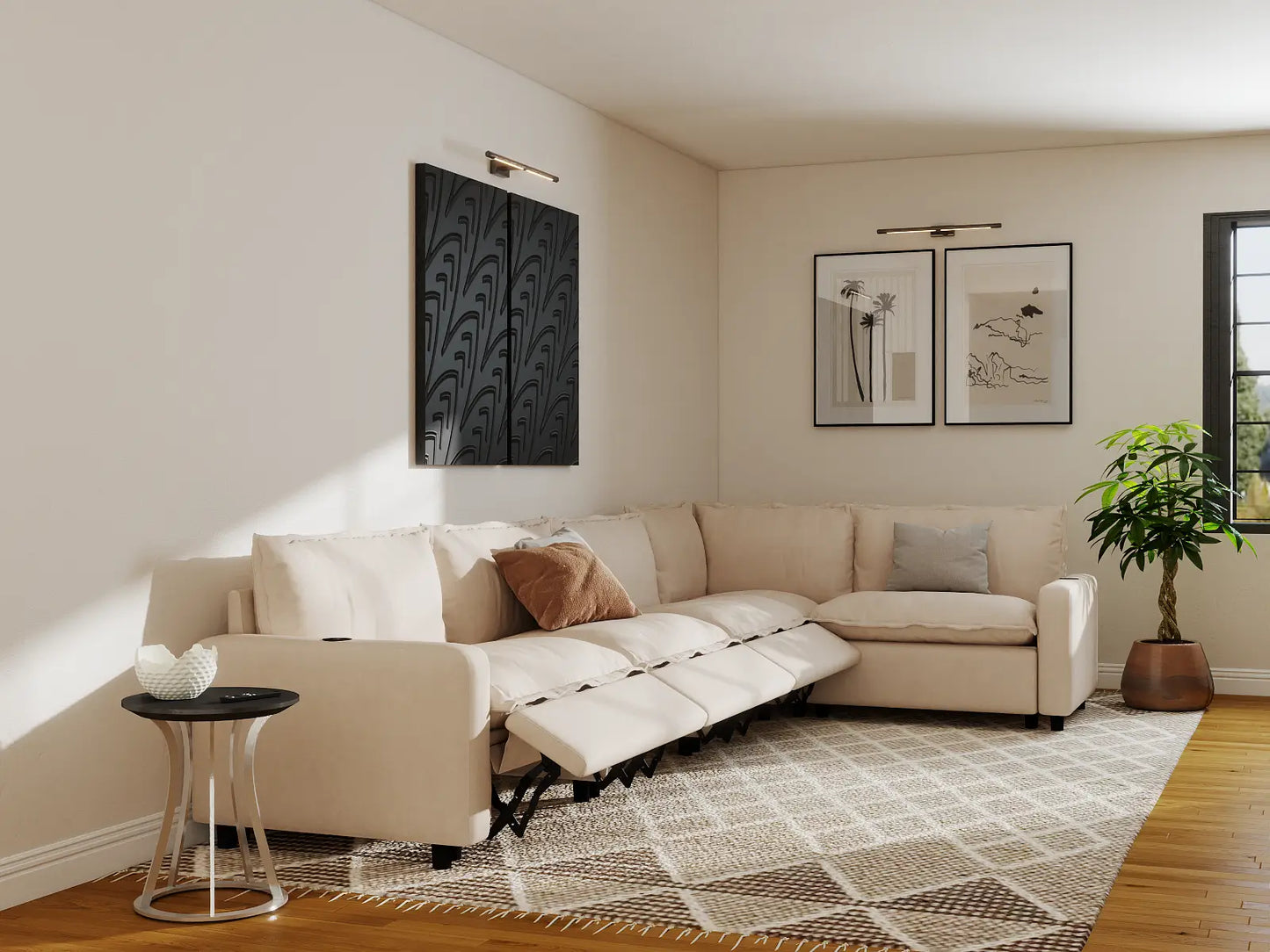 Modular Cero Sectional Recliner Sofa | 5-Piece Beige Linen Home Living L-Shaped Sectionals 5-Seater