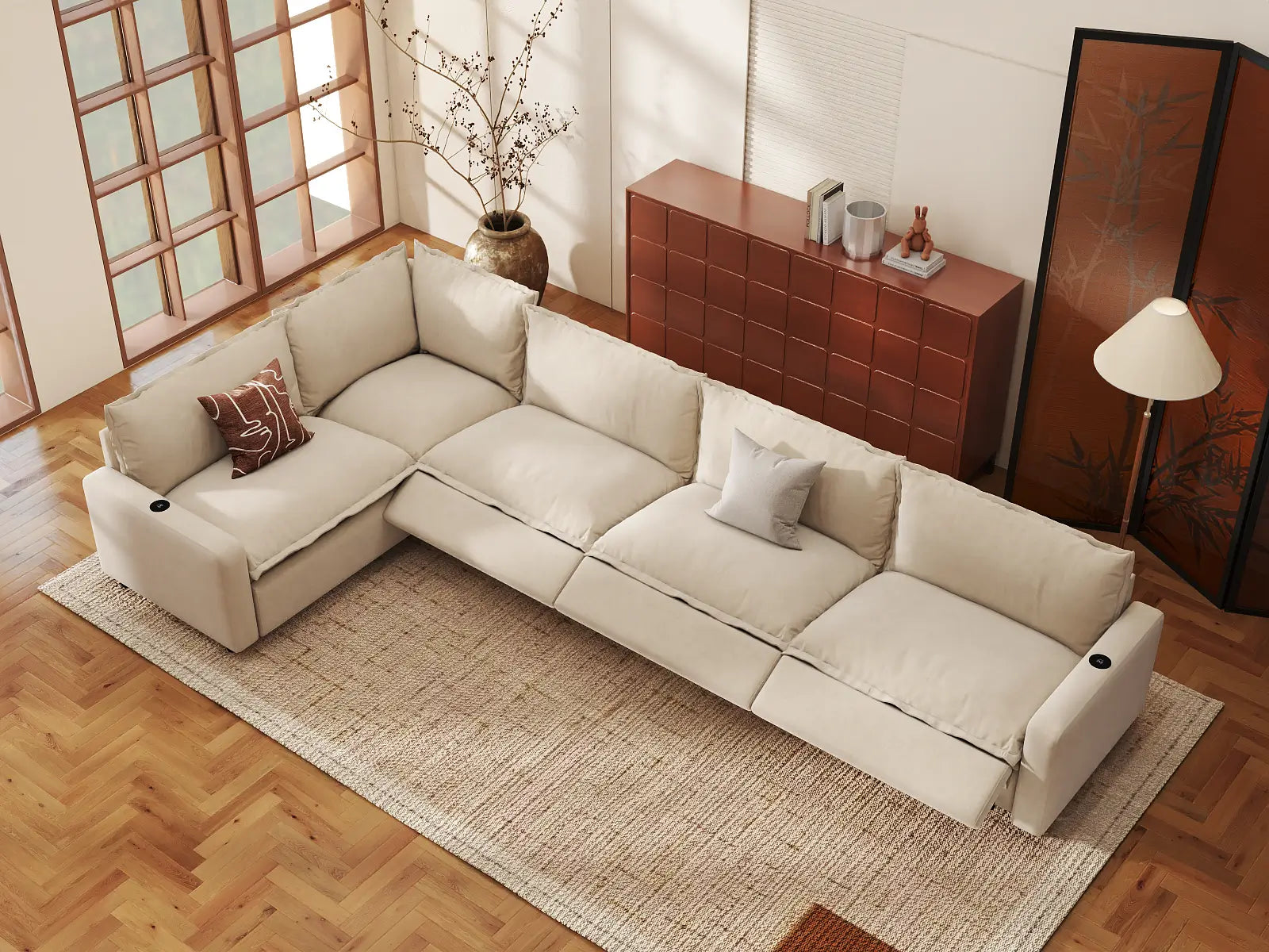 Modular Cero Sectional Recliner Sofa | 5-Piece Beige Linen Home Living L-Shaped Sectionals 5-Seater