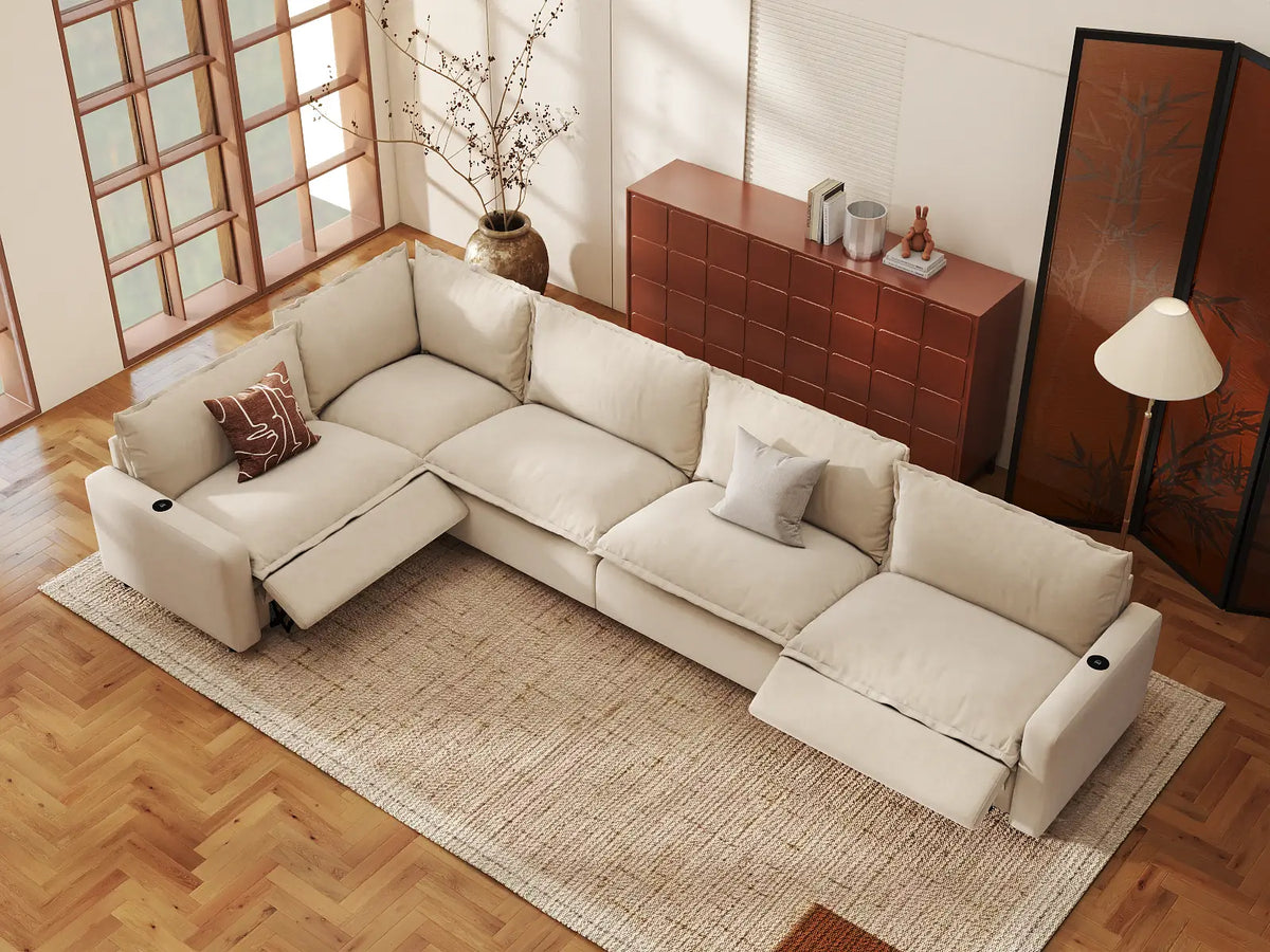 Modular Cero Reclining Sectionals | 5-Piece Beige Linen Home Living L-Shaped Sectionals 5-Seater