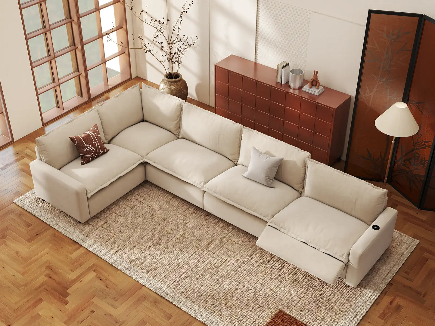 Modular Cero Recliner Sectional Sofa | 5-Piece Beige Linen Home Living L-Shaped Sectionals 5-Seater