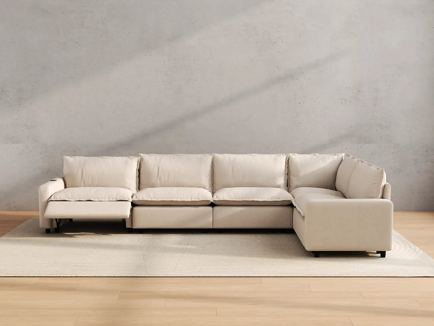 Modular Cero Recliner Sectional Sofa | 5-Piece Beige Linen Home Living L-Shaped Sectionals 5-Seater
