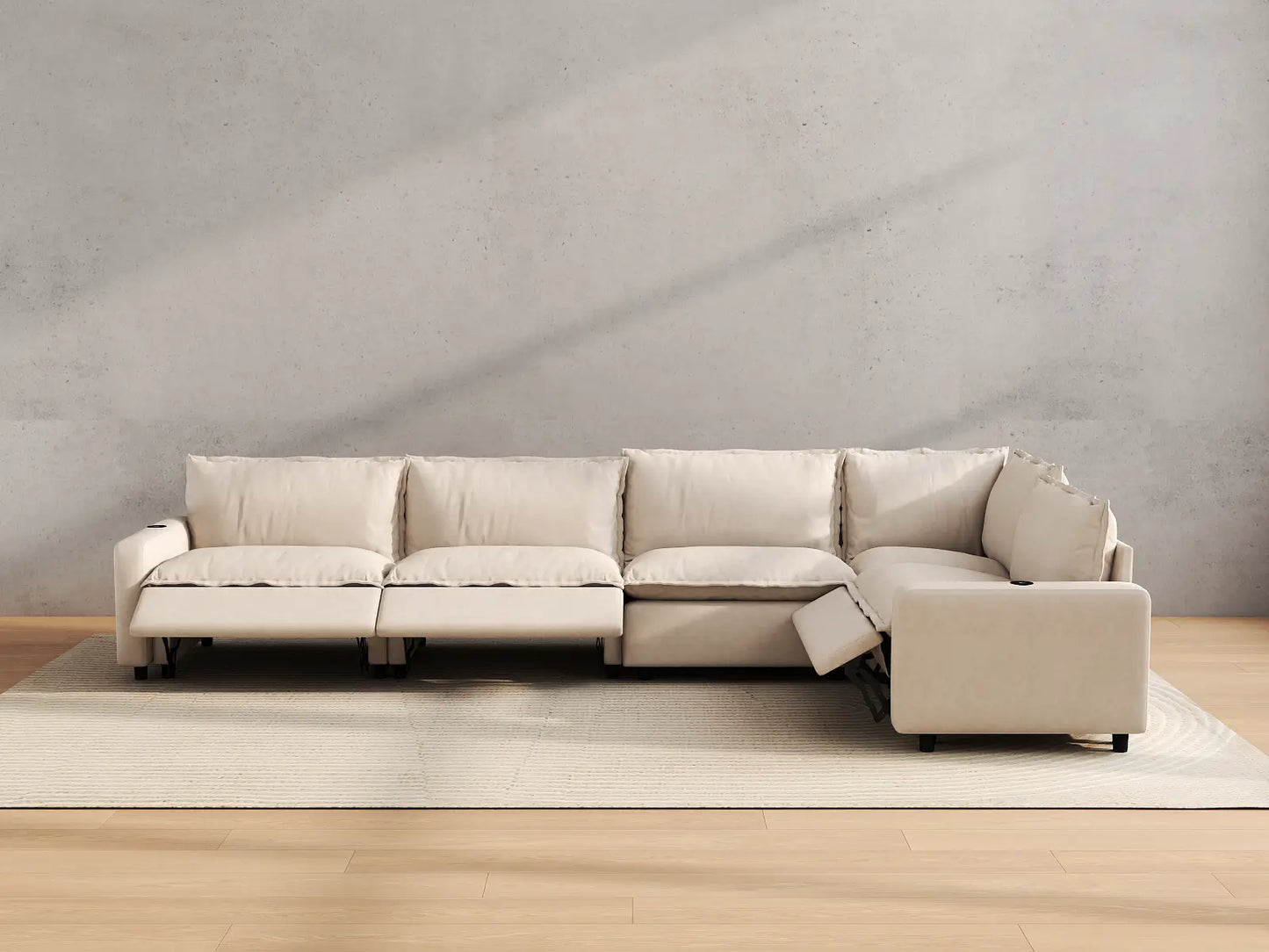 Modular Cero Reclining Sectionals | 5-Piece Beige Linen Home Living L-Shaped Sectionals 5-Seater