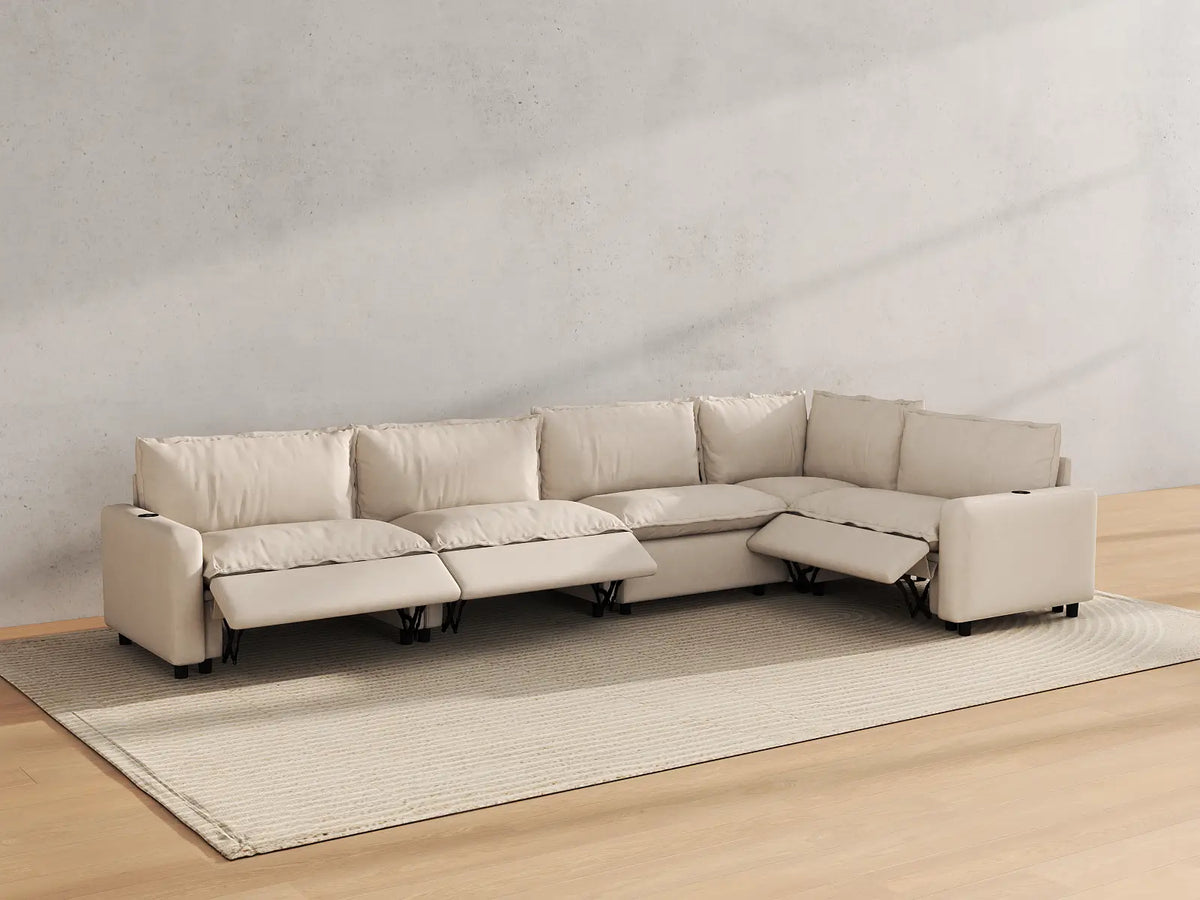 Modular Cero Reclining Sectionals | 5-Piece Beige Linen Home Living L-Shaped Sectionals 5-Seater
