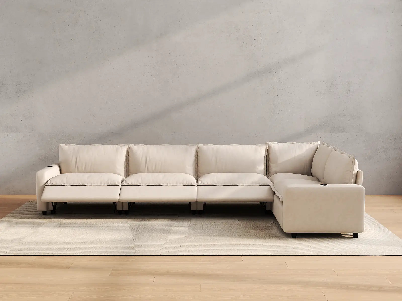 Modular Cero Sectional Recliner Sofa | 5-Piece Beige Linen Home Living L-Shaped Sectionals 5-Seater