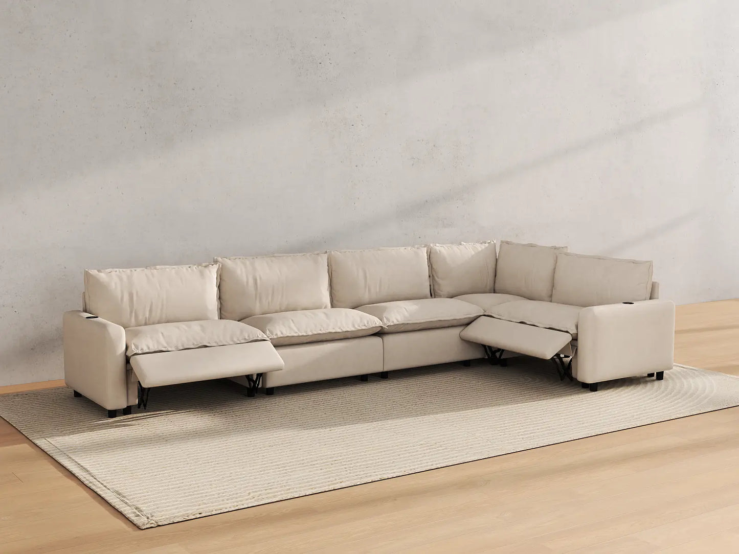 Modular Cero Reclining Sectionals | 5-Piece Beige Linen Home Living L-Shaped Sectionals 5-Seater