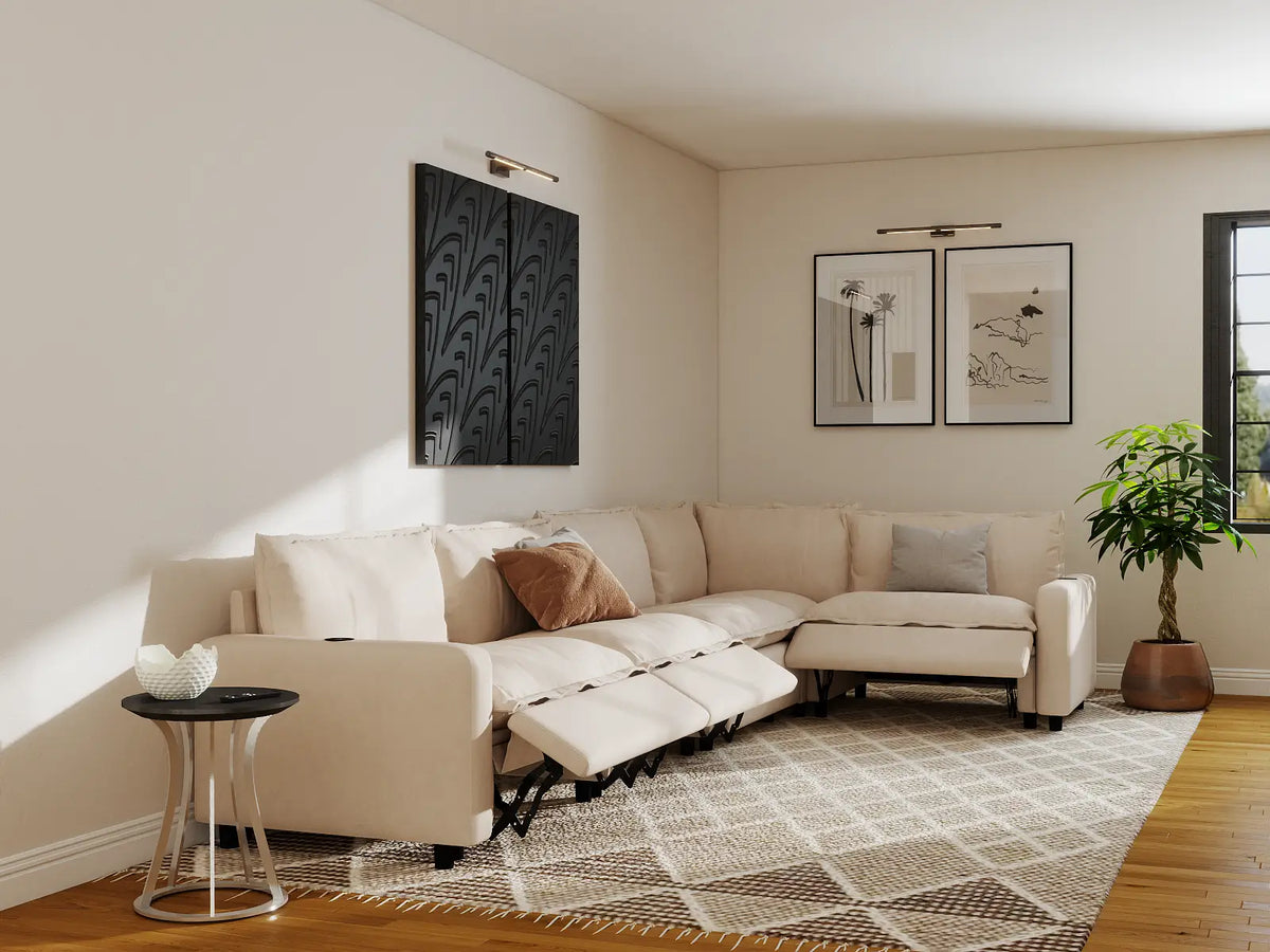 Modular Cero Reclining Sectionals | 5-Piece Beige Linen Home Living L-Shaped Sectionals 5-Seater