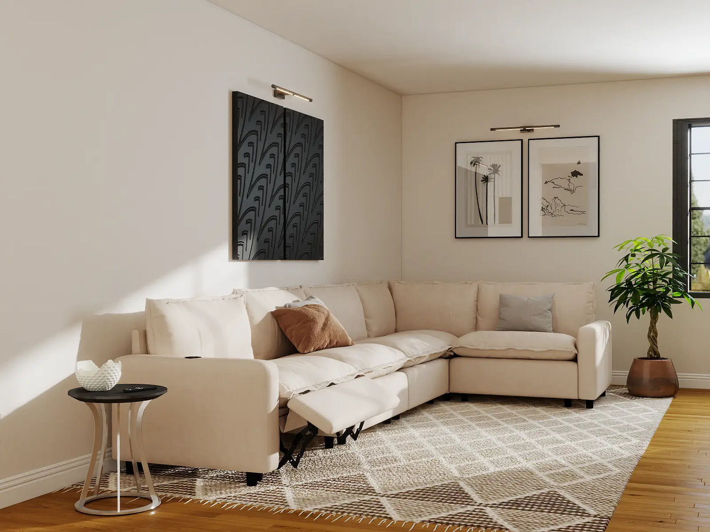 Modular Cero Recliner Sectional Sofa | 5-Piece Beige Linen Home Living L-Shaped Sectionals 5-Seater