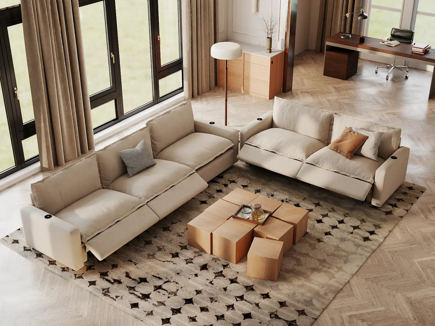 Modular Cero Reclining Sectionals | 5-Piece Beige Linen Large Space Corner Sectionals 5-Seater