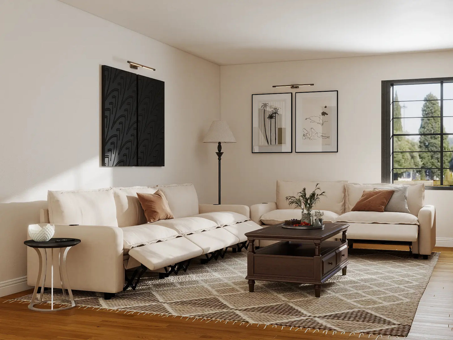 Modular Cero Reclining Sectionals | 5-Piece Beige Linen Large Space Corner Sectionals 5-Seater