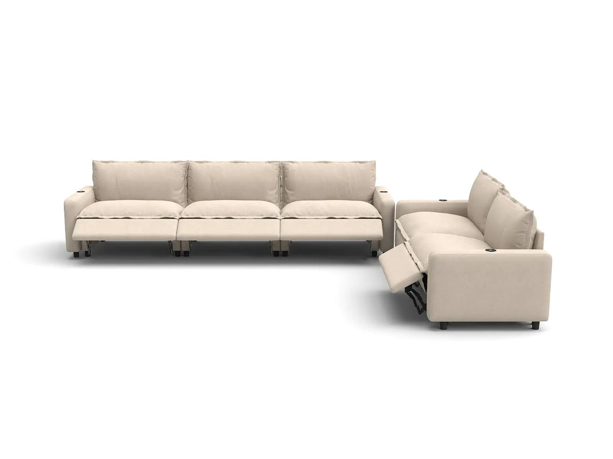 Modular Cero Reclining Sectionals | 5-Piece Beige Linen Large Space Corner Sectionals 5-Seater