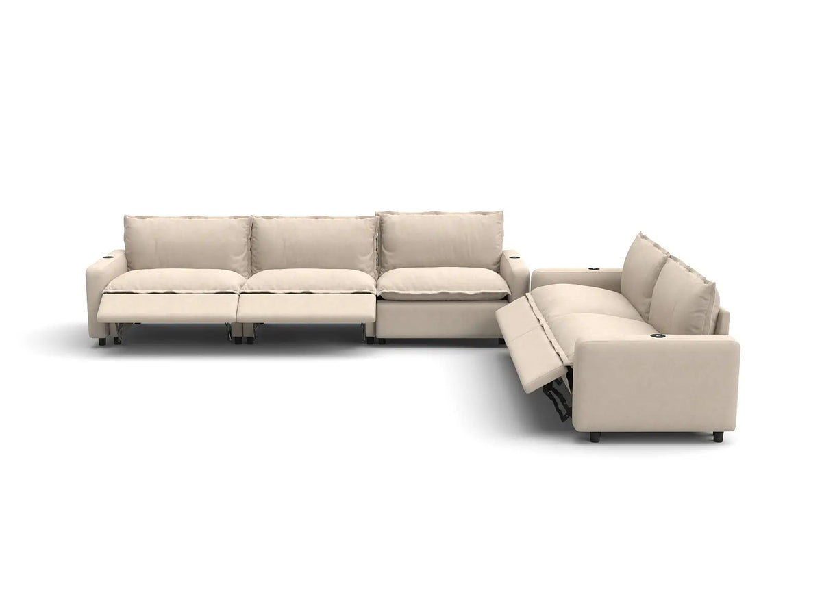 Modular Cero Reclining Sectionals | 5-Piece Beige Linen Large Space Corner Sectionals 5-Seater