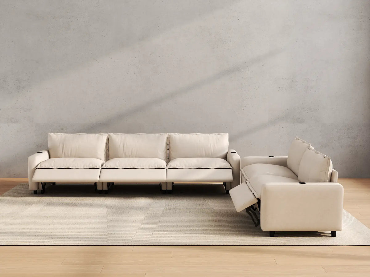 Modular Cero Reclining Sectionals | 5-Piece Beige Linen Large Space Corner Sectionals 5-Seater