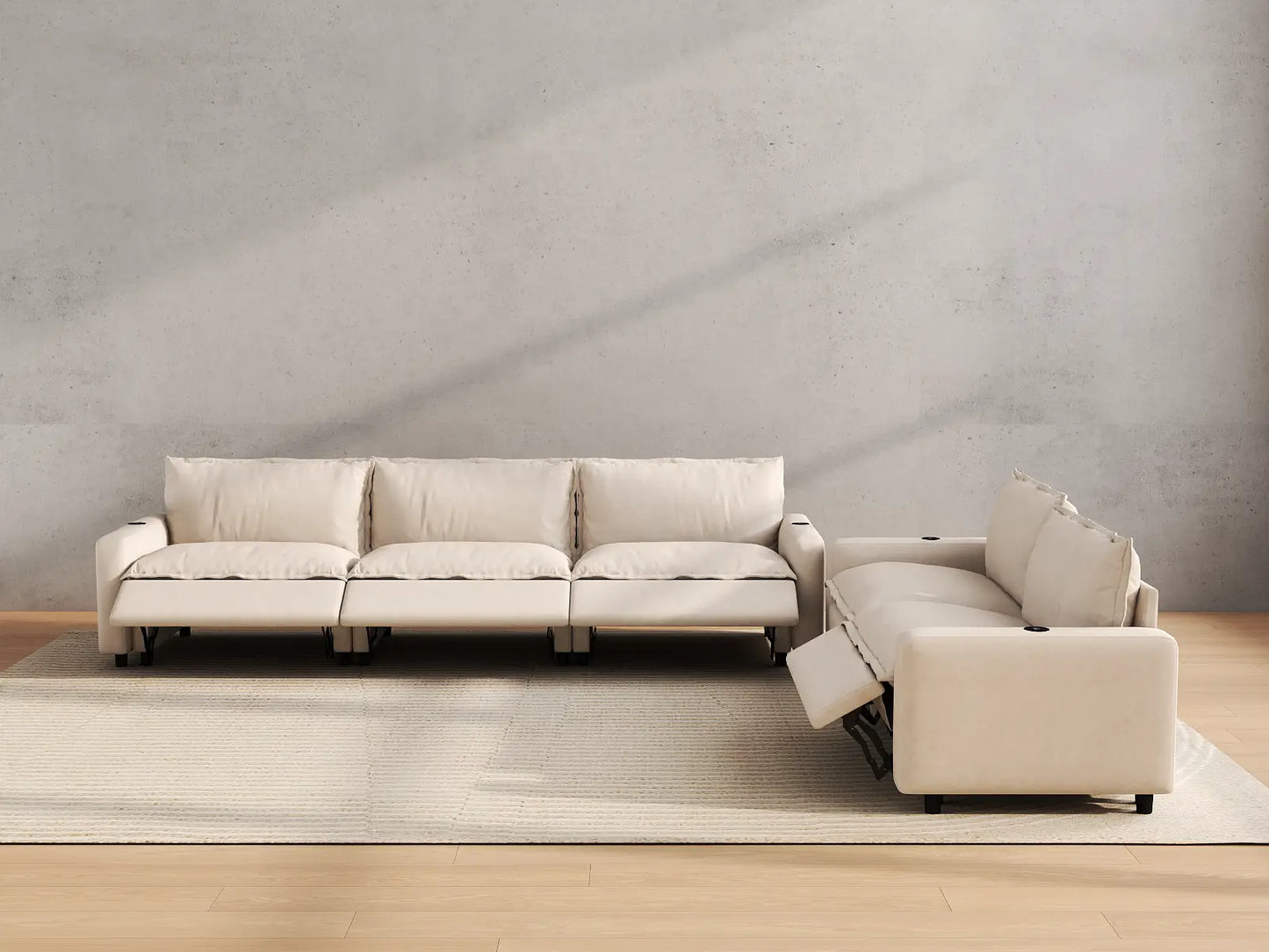 Modular Cero Reclining Sectionals | 5-Piece Beige Linen Large Space Corner Sectionals 5-Seater