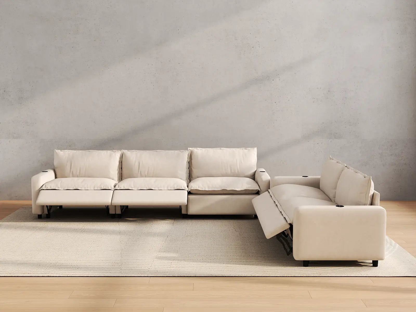 Modular Cero Reclining Sectional Couch | 5-Piece Beige Linen Large Space Corner Sectionals 5-Seater
