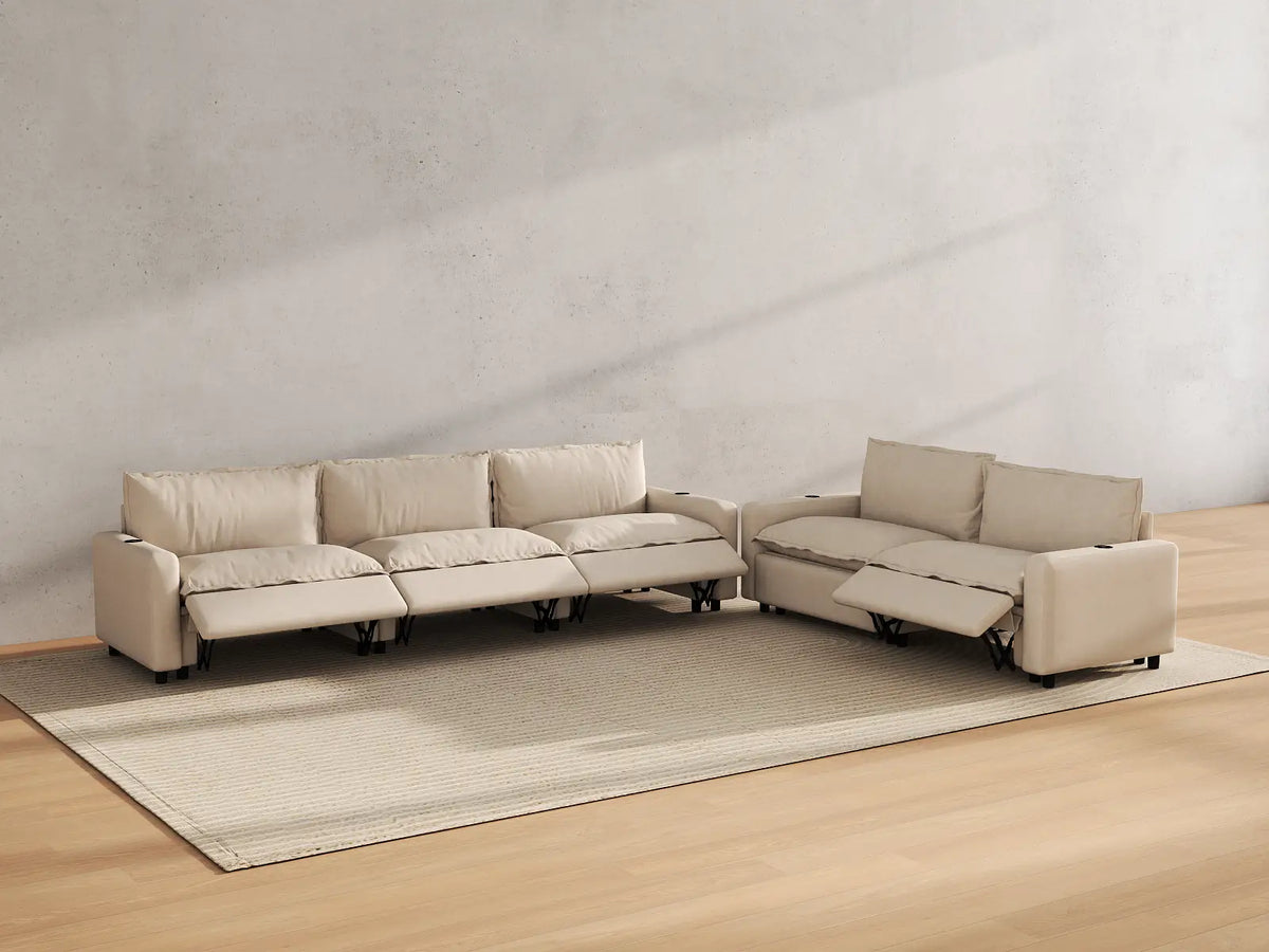 Modular Cero Reclining Sectionals | 5-Piece Beige Linen Large Space Corner Sectionals 5-Seater