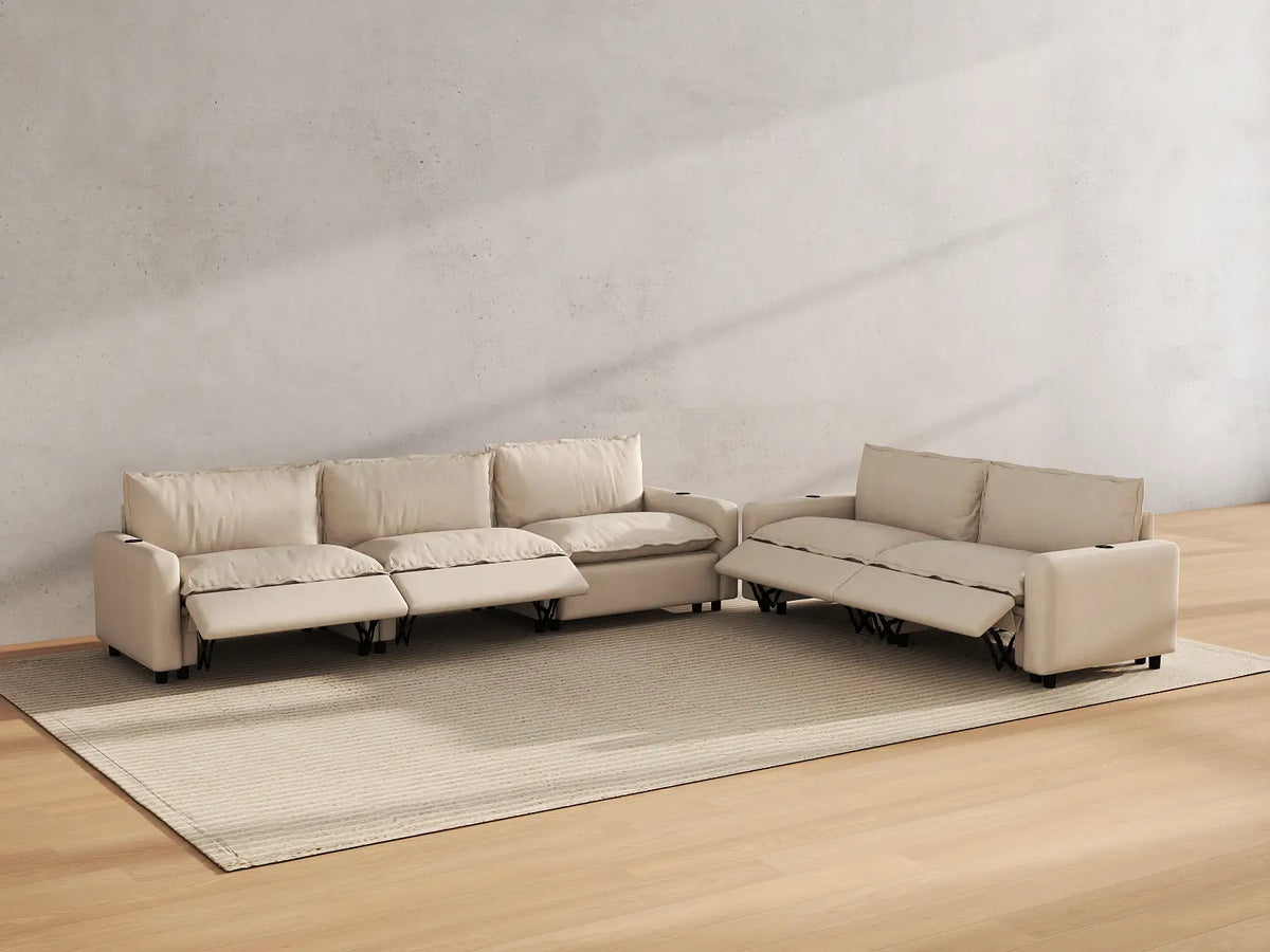 Modular Cero Reclining Sectionals | 5-Piece Beige Linen Large Space Corner Sectionals 5-Seater