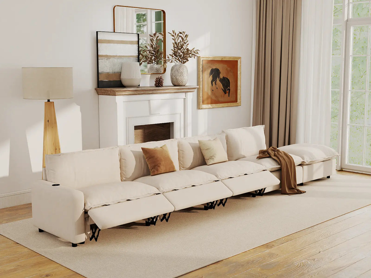 Modular Cero Reclining Sectionals | 5-Piece Beige Linen Large Space Couch Sectionals 4-Seater with 1-Ottoman