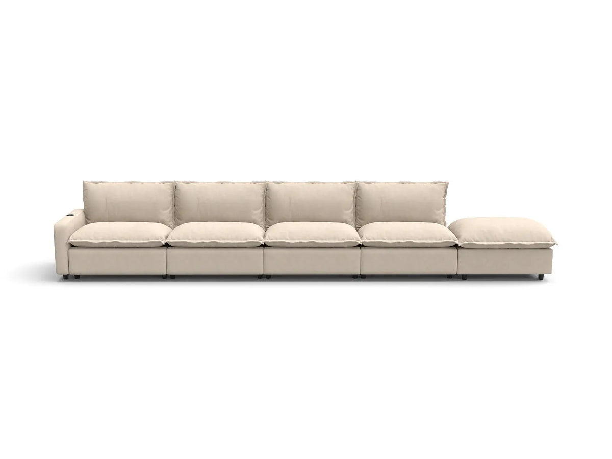 Modular Cero Reclining Sectionals | 5-Piece Beige Linen Large Space Couch Sectionals 4-Seater with 1-Ottoman