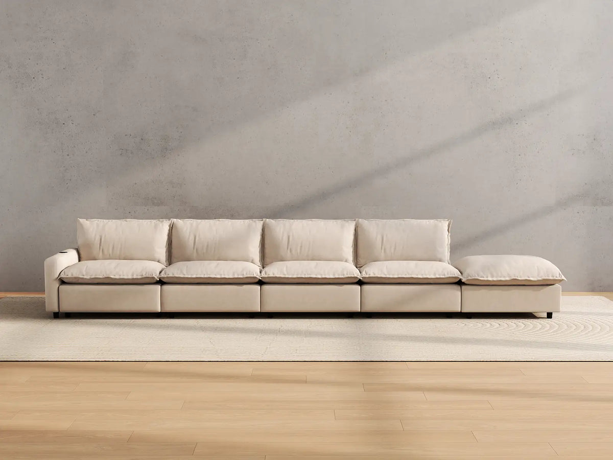 Modular Cero Reclining Sectionals | 5-Piece Beige Linen Large Space Couch Sectionals 4-Seater with 1-Ottoman