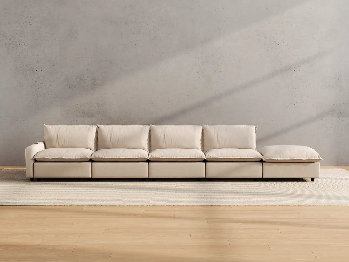 Modular Cero Reclining Sectionals | 5-Piece Beige Linen Large Space Couch Sectionals 4-Seater with 1-Ottoman