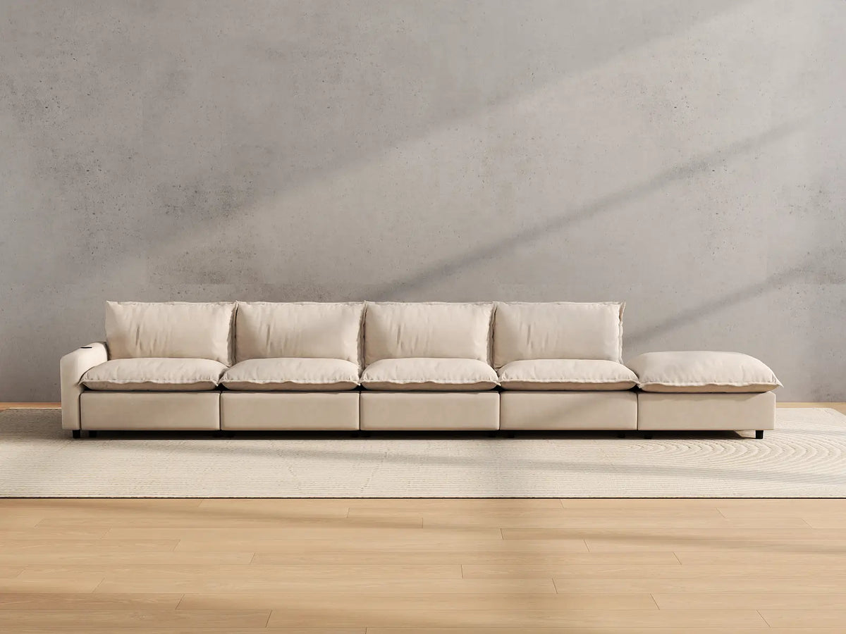 Modular Cero Reclining Sectionals | 5-Piece Beige Linen Large Space Couch Sectionals 4-Seater with 1-Ottoman