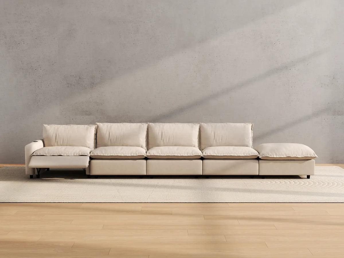 Modular Cero Reclining Sectionals | 5-Piece Beige Linen Large Space Couch Sectionals 4-Seater with 1-Ottoman