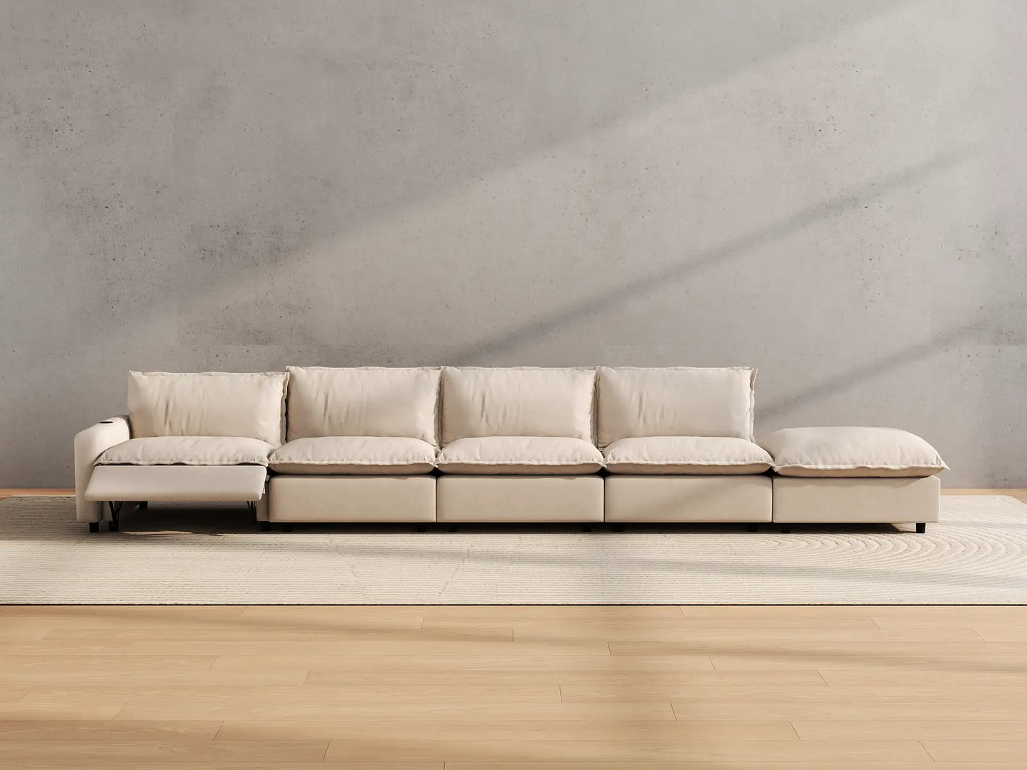 Modular Cero Reclining Sectionals | 5-Piece Beige Linen Large Space Couch Sectionals 4-Seater with 1-Ottoman