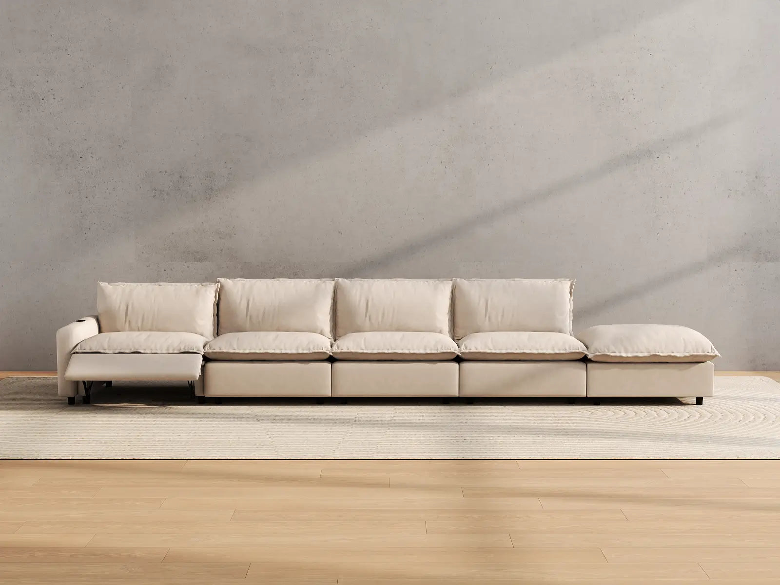 Modular Cero Sectional Couch with Chaise and Recliner | 5-Piece Beige Linen Large Space Couch Sectionals 4-Seater with 1-Ottoman