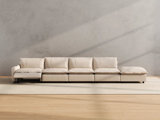Modular Cero Reclining Sectionals | 5-Piece Beige Linen Large Space Couch Sectionals 4-Seater with 1-Ottoman