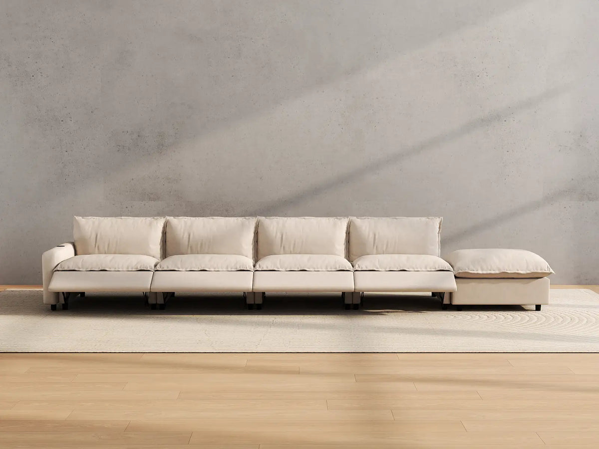Modular Cero Reclining Sectionals | 5-Piece Beige Linen Large Space Couch Sectionals 4-Seater with 1-Ottoman