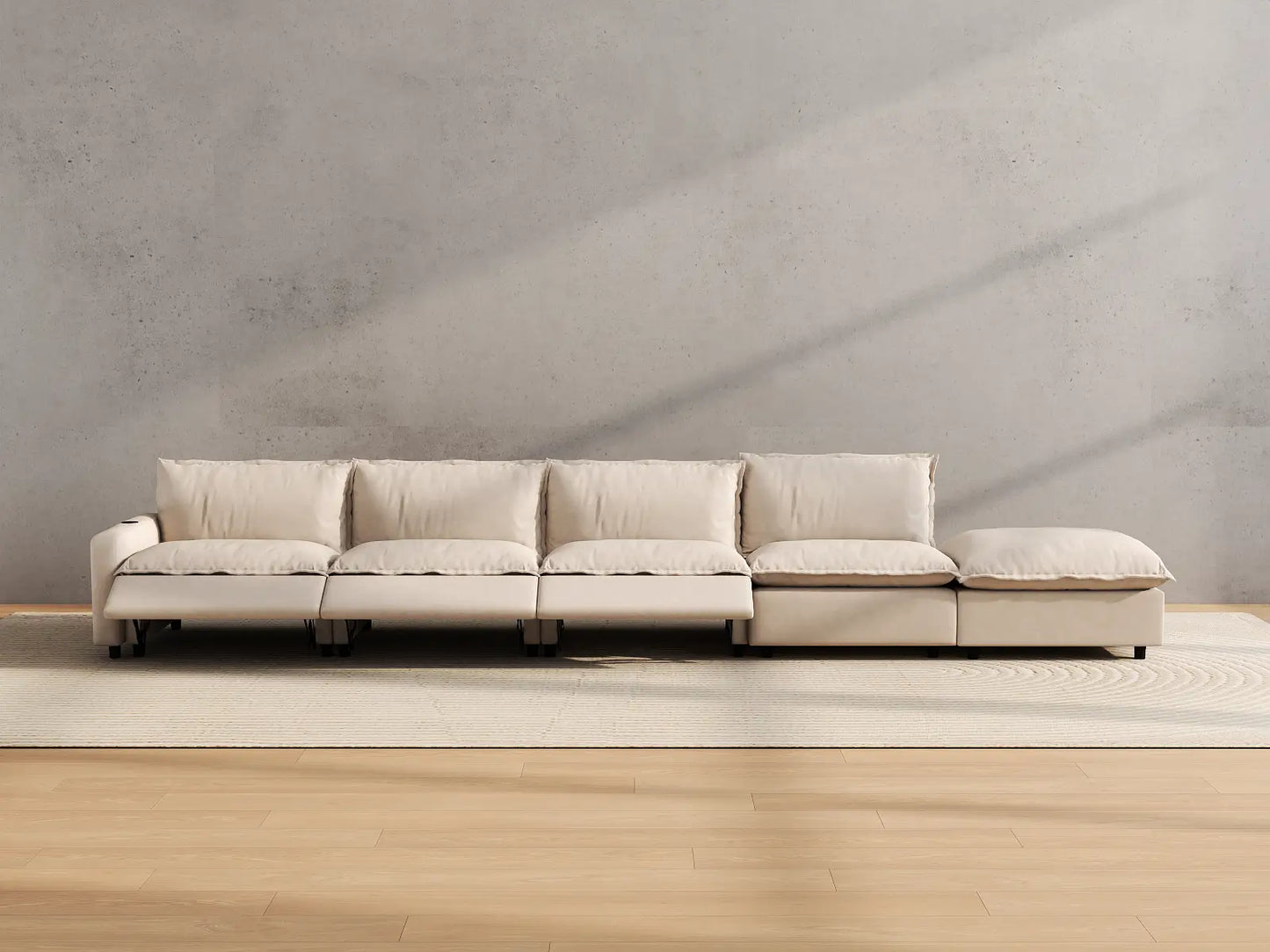 Modular Cero Reclining Sectionals | 5-Piece Beige Linen Large Space Couch Sectionals 4-Seater with 1-Ottoman