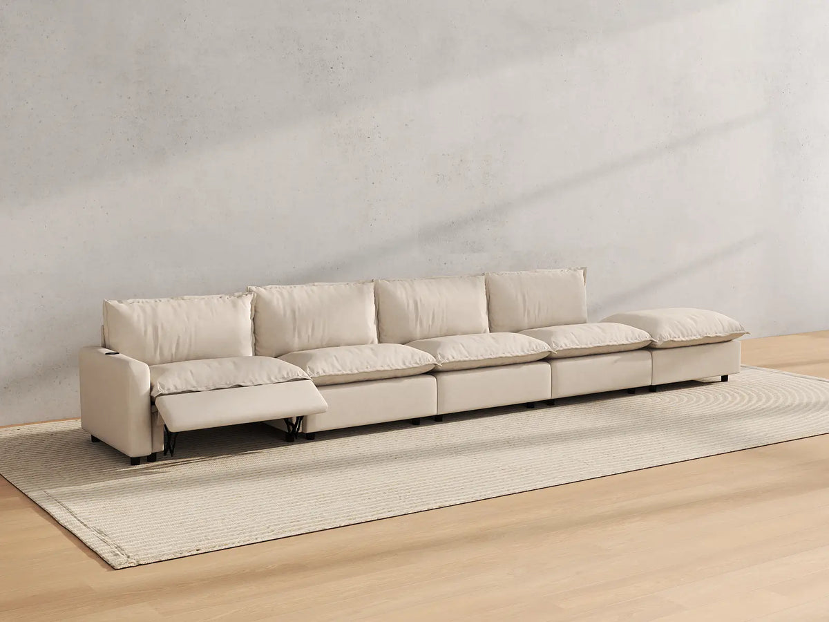 Modular Cero Reclining Sectionals | 5-Piece Beige Linen Large Space Couch Sectionals 4-Seater with 1-Ottoman