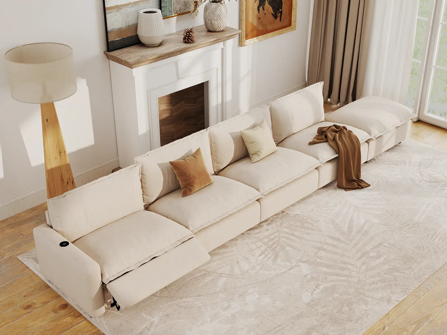 Modular Cero Reclining Sectionals | 5-Piece Beige Linen Large Space Couch Sectionals 4-Seater with 1-Ottoman