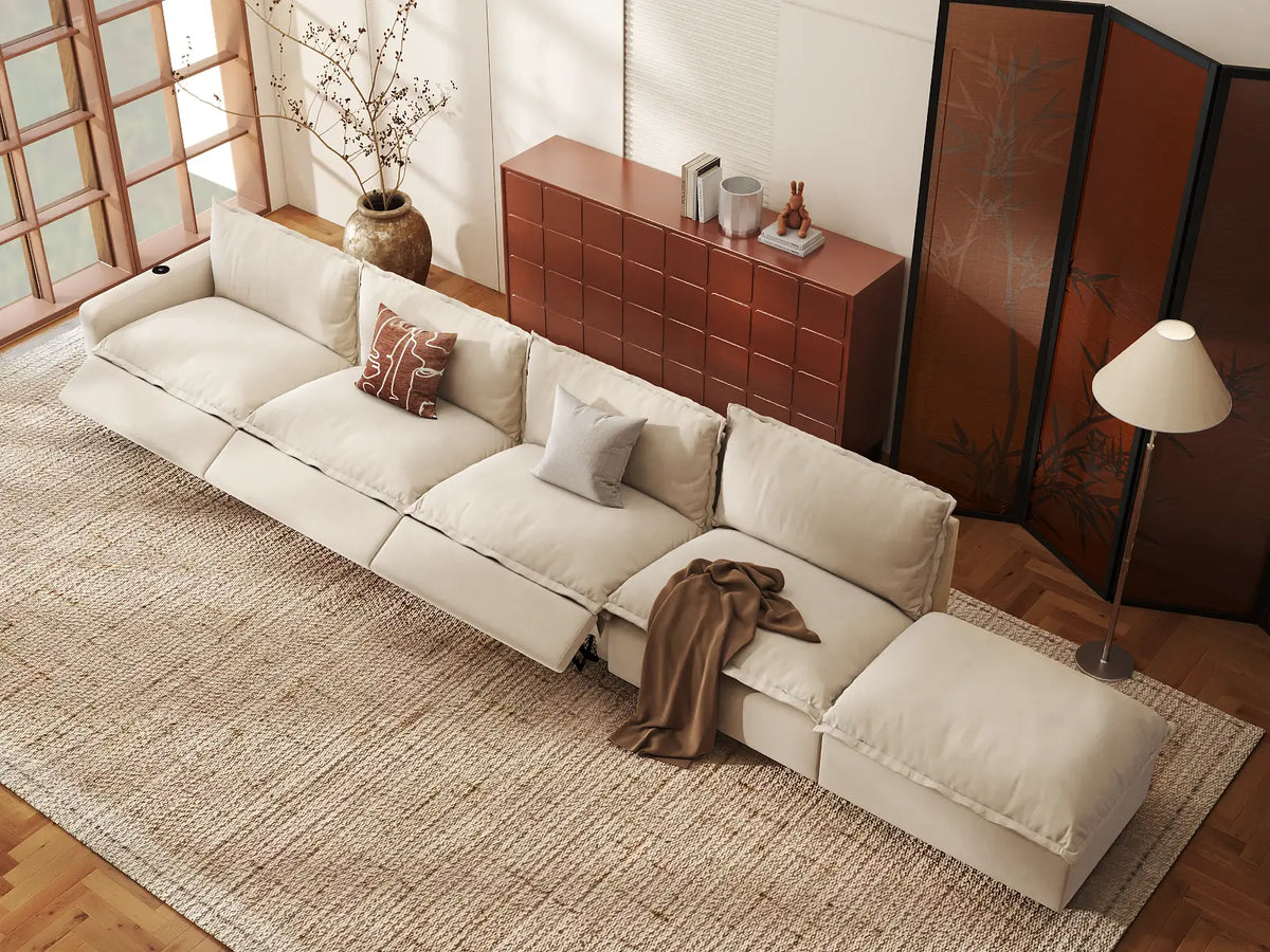Modular Cero Reclining Sectionals | 5-Piece Beige Linen Large Space Couch Sectionals 4-Seater with 1-Ottoman