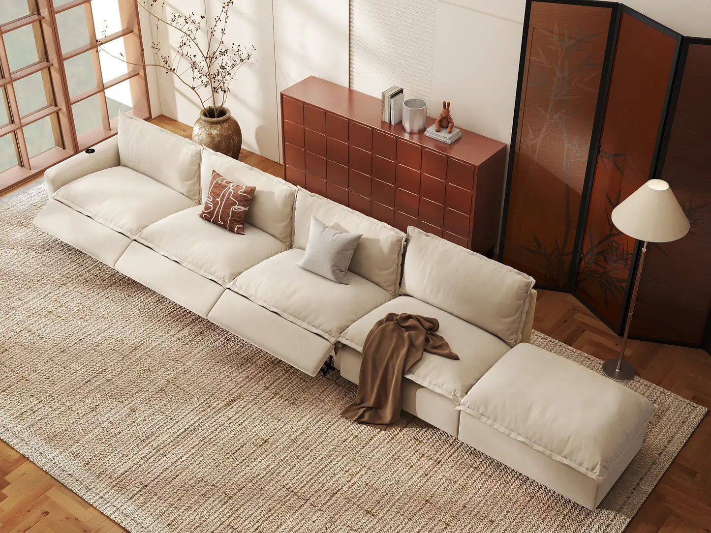 Modular Cero Reclining Sectionals | 5-Piece Beige Linen Large Space Couch Sectionals 4-Seater with 1-Ottoman