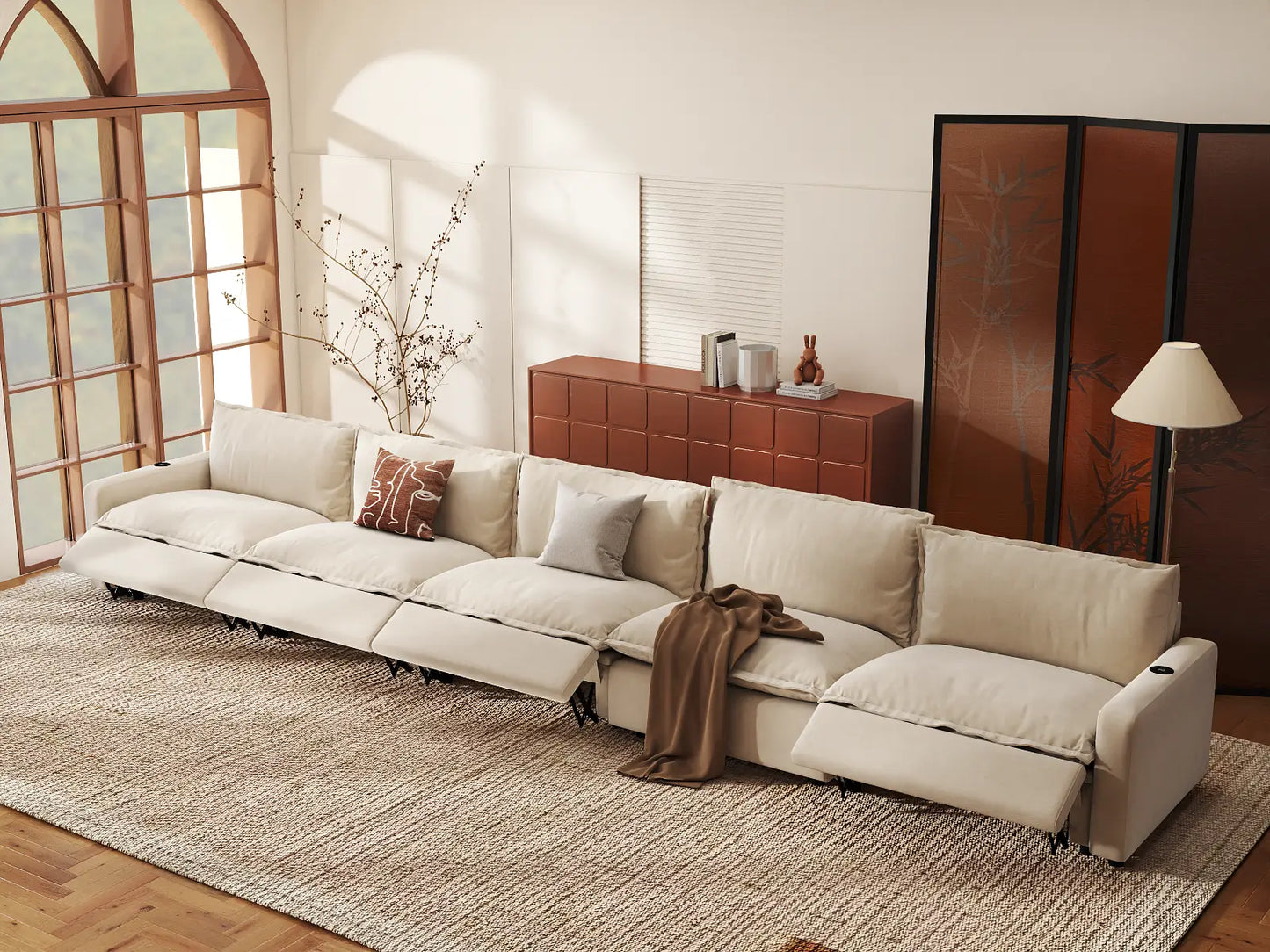 Modular Cero Reclining Sectionals | 5-Piece Beige Linen Large Space Couch Sectionals 5-Seater