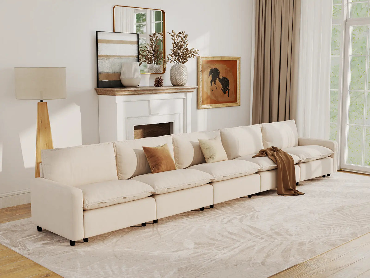 Modular Cero Modular Sectionals | 5-Piece Beige Linen Large Space Couch Sectionals 5-Seater