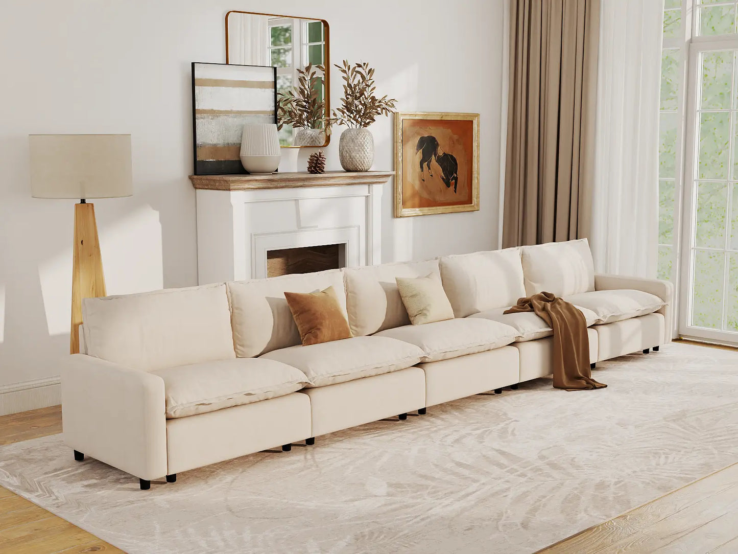 Modular Cero Modular Sectionals | 5-Piece Beige Linen Large Space Couch Sectionals 5-Seater