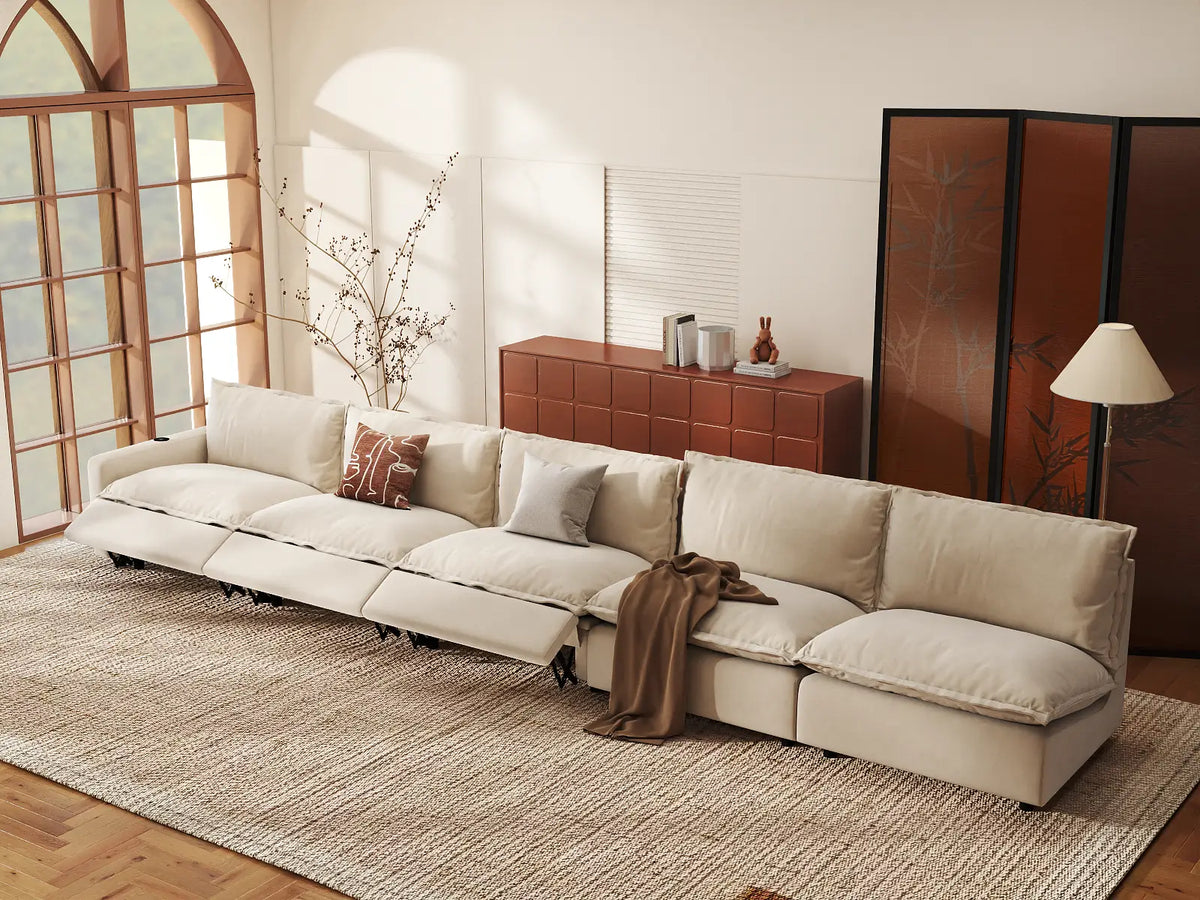 Modular Cero Sectional Recliner Couch | 5-Piece Beige Linen Large Space Couch Sectionals 5-Seater