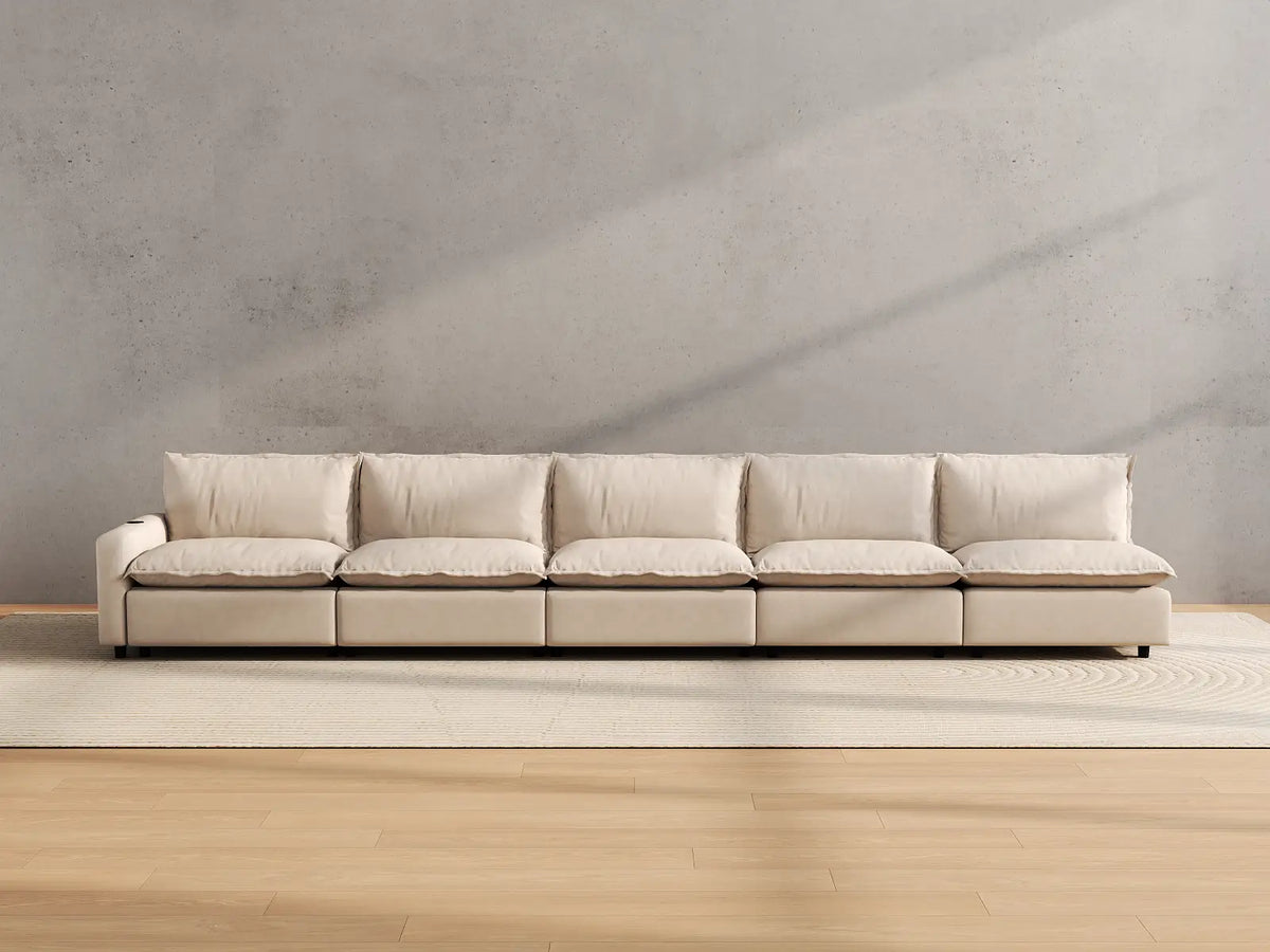 Modular Cero Sectional Recliner Couch | 5-Piece Beige Linen Large Space Couch Sectionals 5-Seater