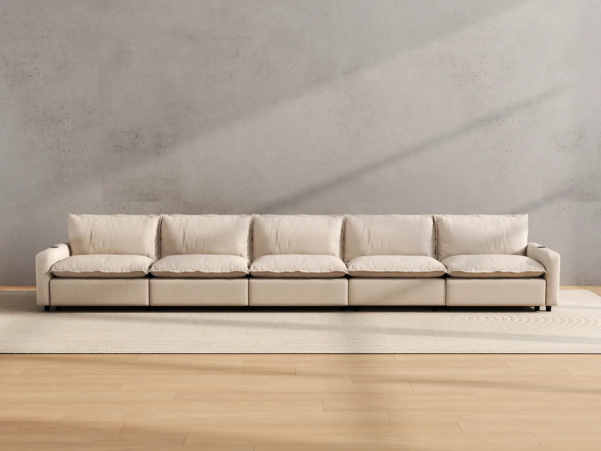 Modular Cero Reclining Sectionals | 5-Piece Beige Linen Large Space Couch Sectionals 5-Seater