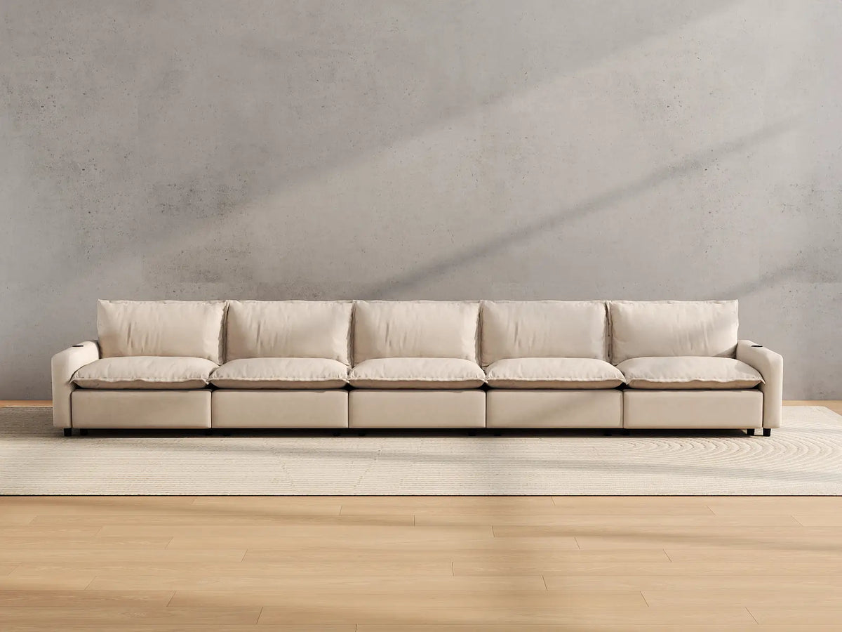 Modular Cero Reclining Sectionals | 5-Piece Beige Linen Large Space Couch Sectionals 5-Seater