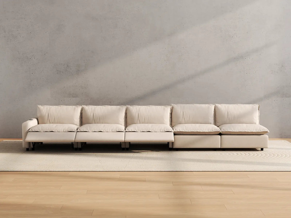 Modular Cero Sectional Recliner Couch | 5-Piece Beige Linen Large Space Couch Sectionals 5-Seater