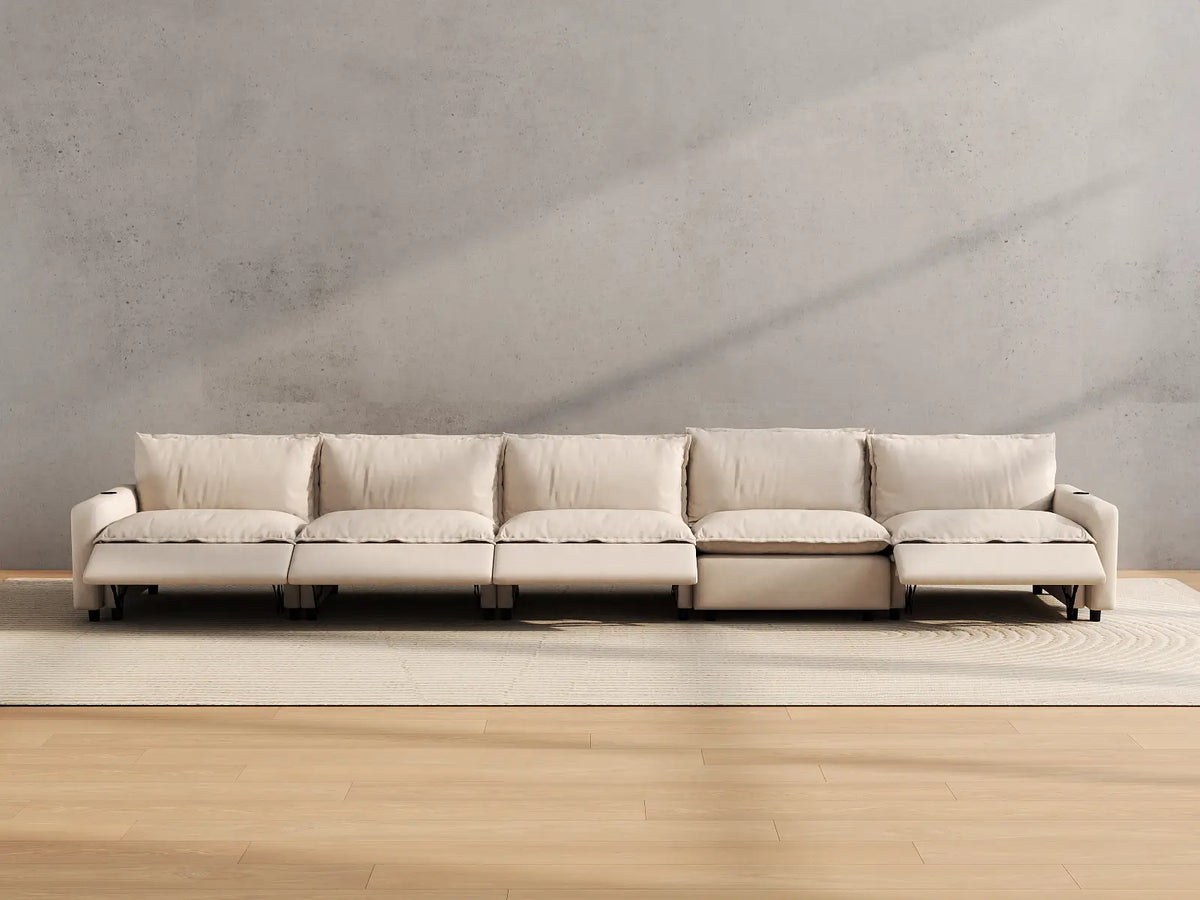 Modular Cero Reclining Sectionals | 5-Piece Beige Linen Large Space Couch Sectionals 5-Seater