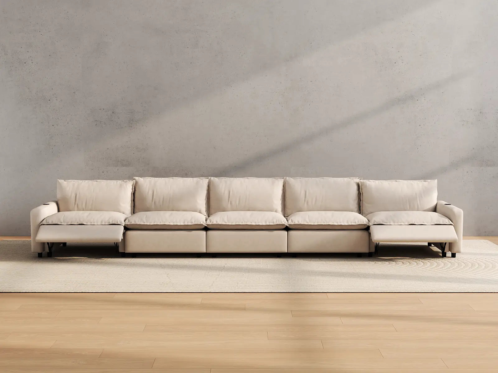 Modular Cero Large Sectional Couch with Recliner | 5-Piece Beige Linen Large Space Couch Sectionals 5-Seater