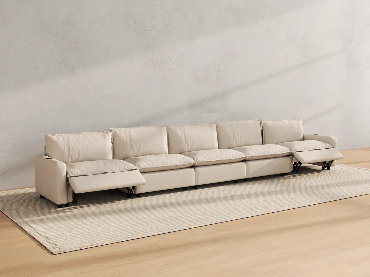 Modular Cero Reclining Sectionals | 5-Piece Beige Linen Large Space Couch Sectionals 5-Seater